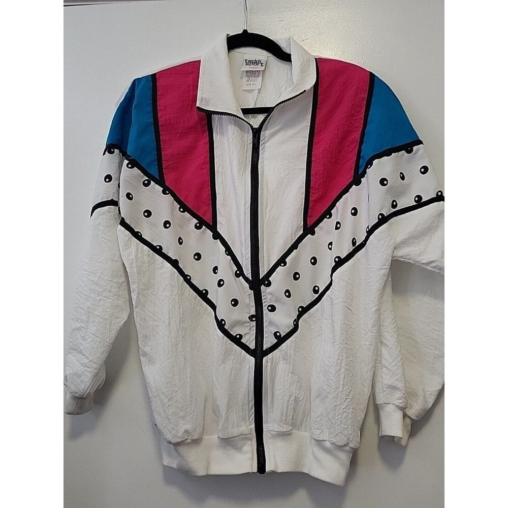 TEDDI Sport Vintage Womens Windbreaker White Neon Pink Blue Petite Large